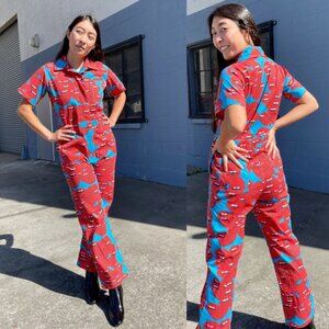NOOWORKS Mouths Poplin Coveralls, Size XS, Red Blue Jumpsuit Dopamine Dressing